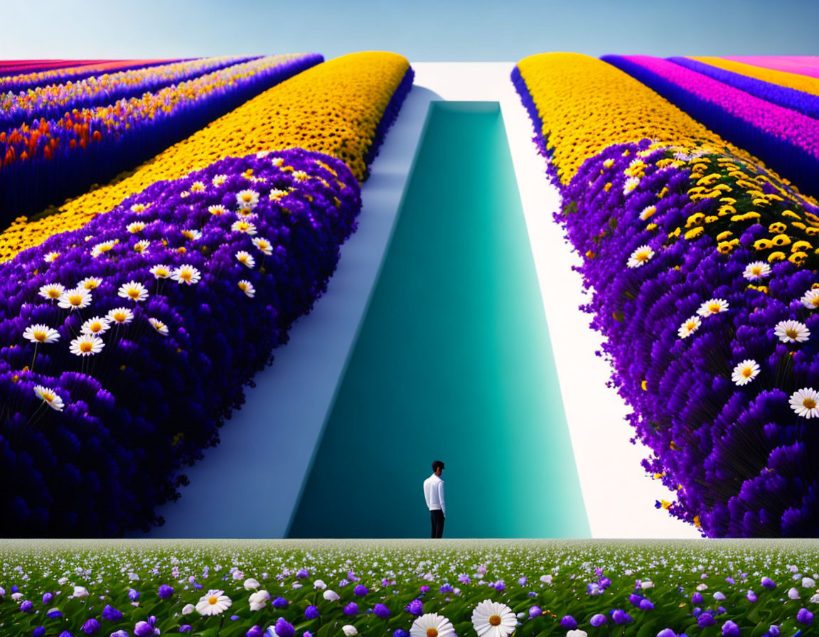 Symmetrical flower beds with reflective pathway under gradient sky