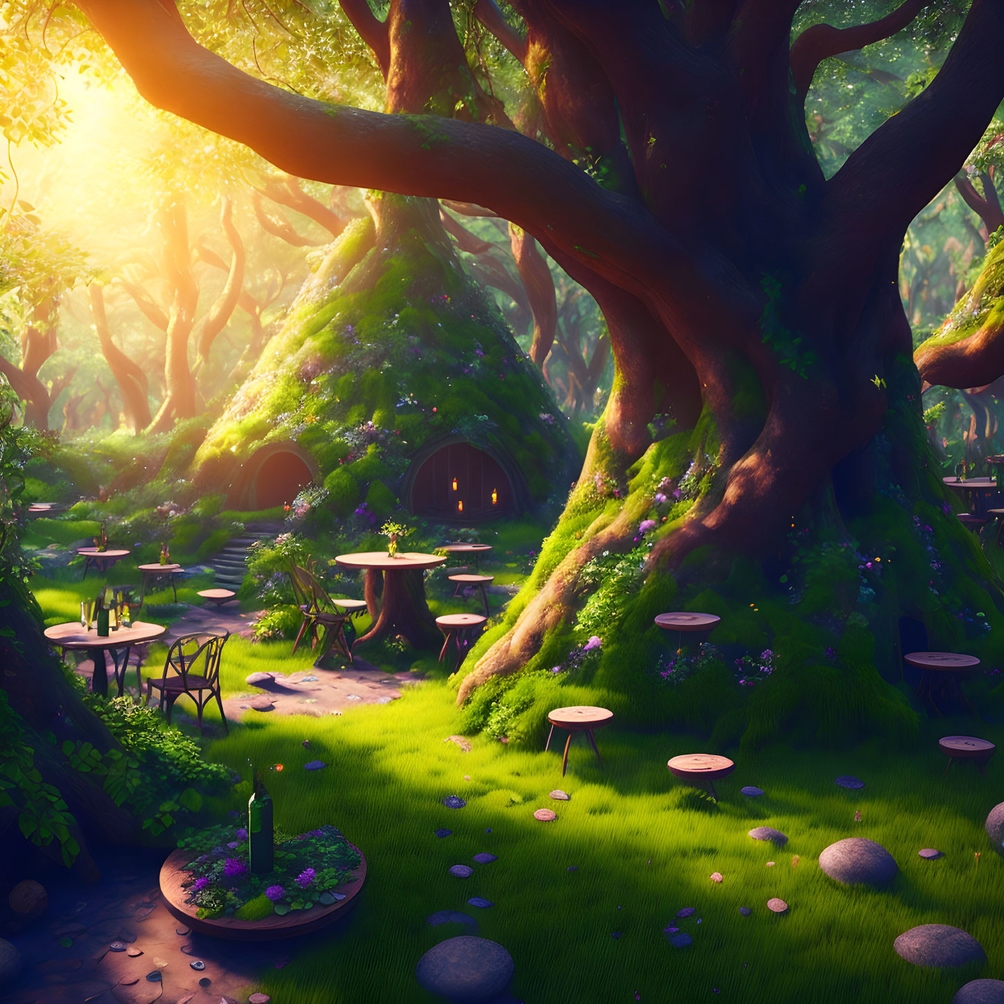 Serene Enchanted Forest Glade with Large Tree and Sun Rays