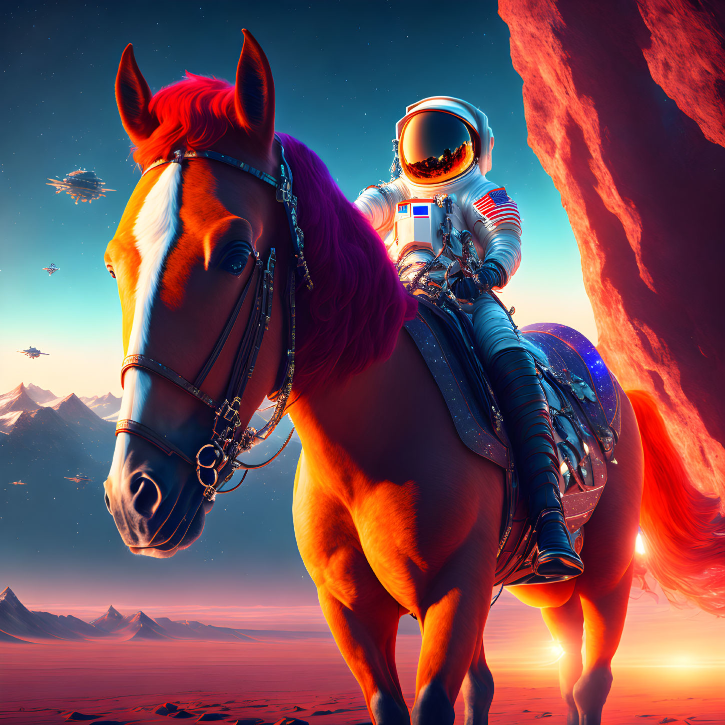 Astronaut on horseback in alien landscape with red sky and spacecrafts.