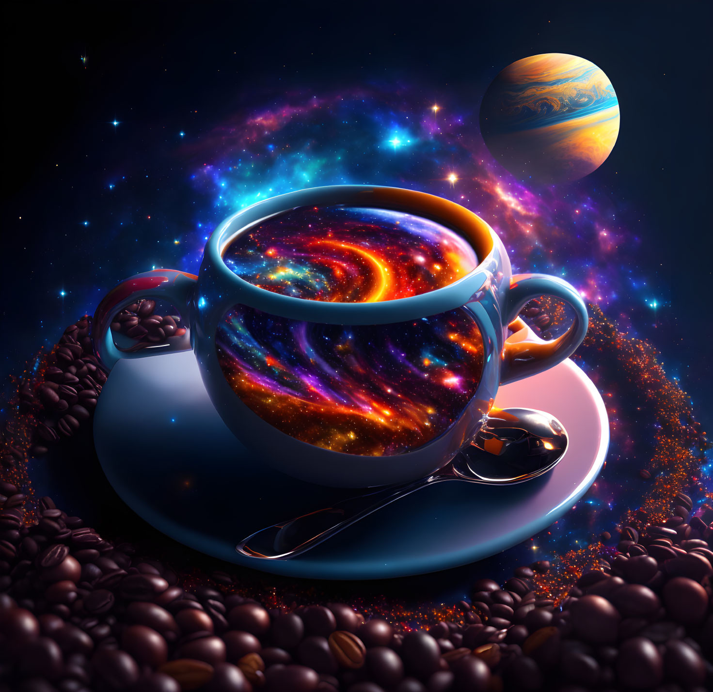 Cosmic-themed digital artwork: Coffee cup with galaxy swirl, starry space backdrop