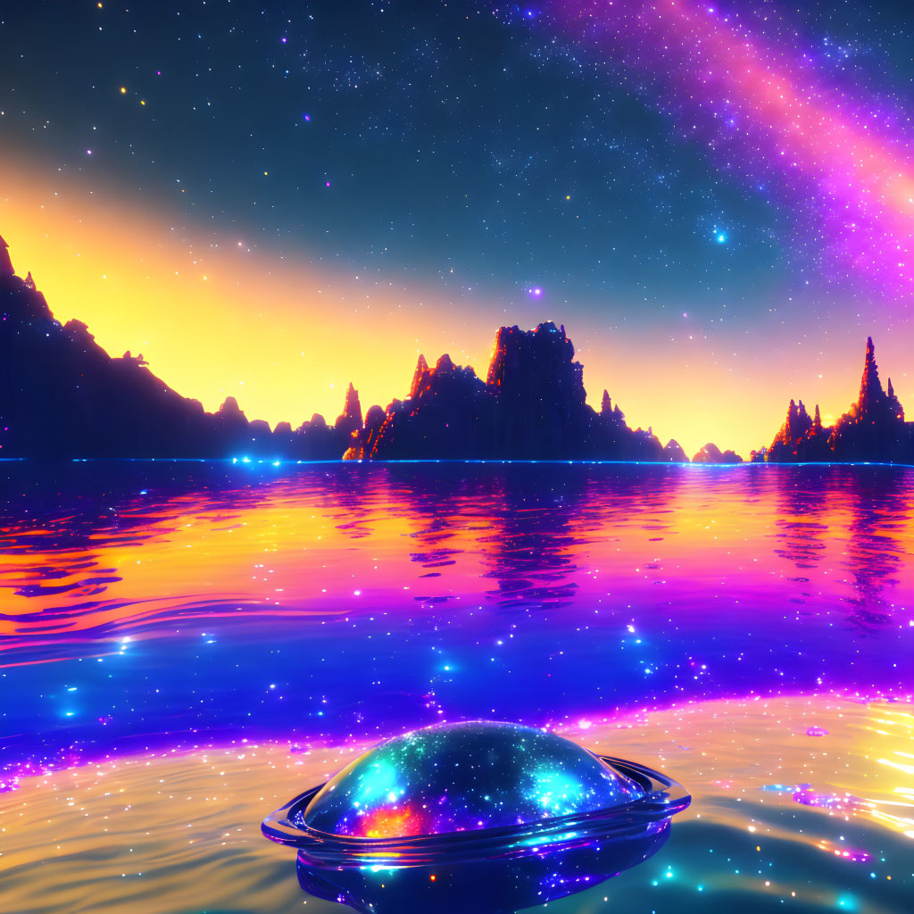 Colorful cosmic nebula over serene lake with glowing orb