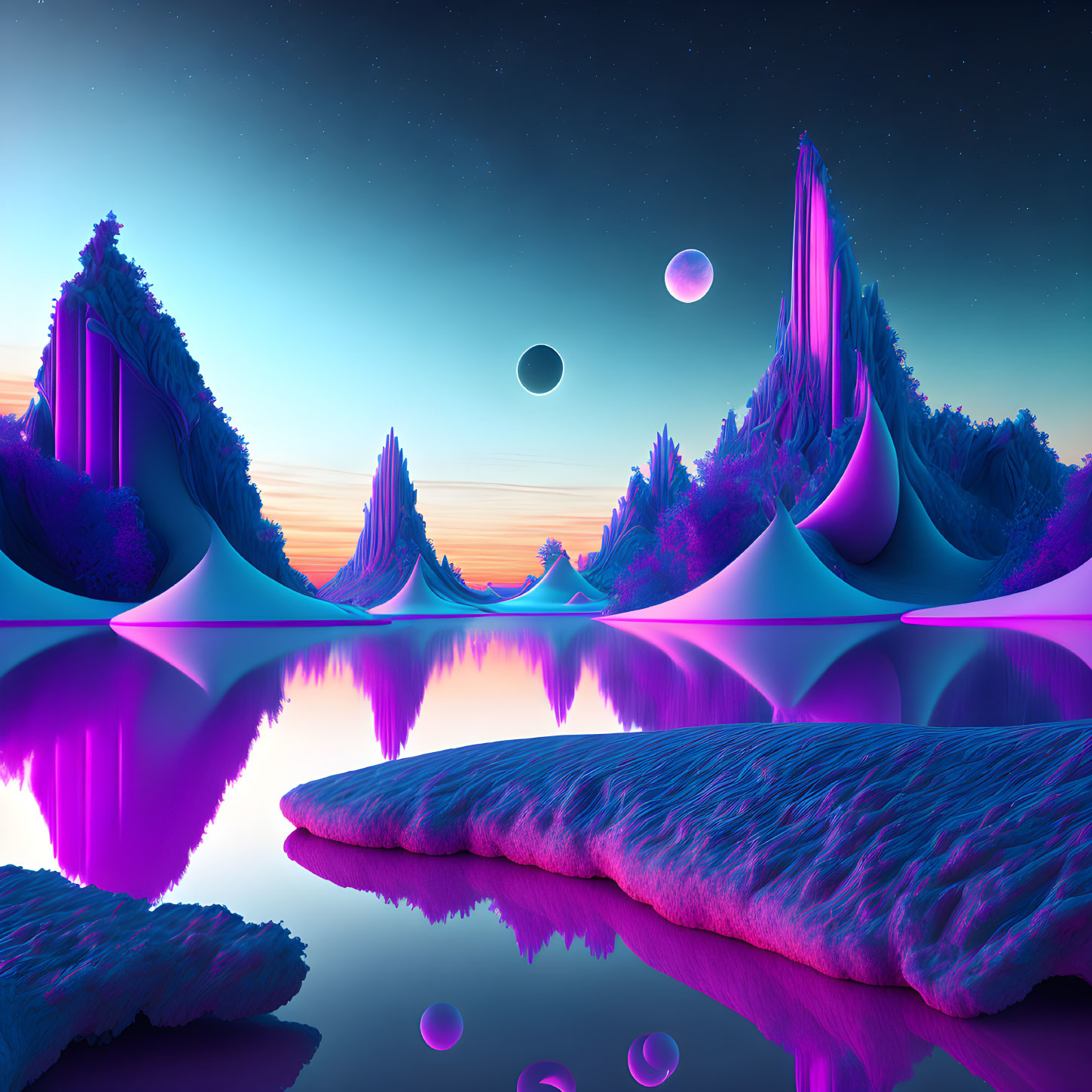 Colorful digital artwork: Alien landscape with neon mountains, reflective lake, multiple moons