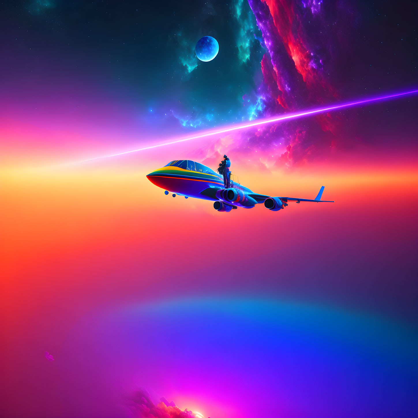 Person on Flying Jet Against Cosmic Background with Nebula