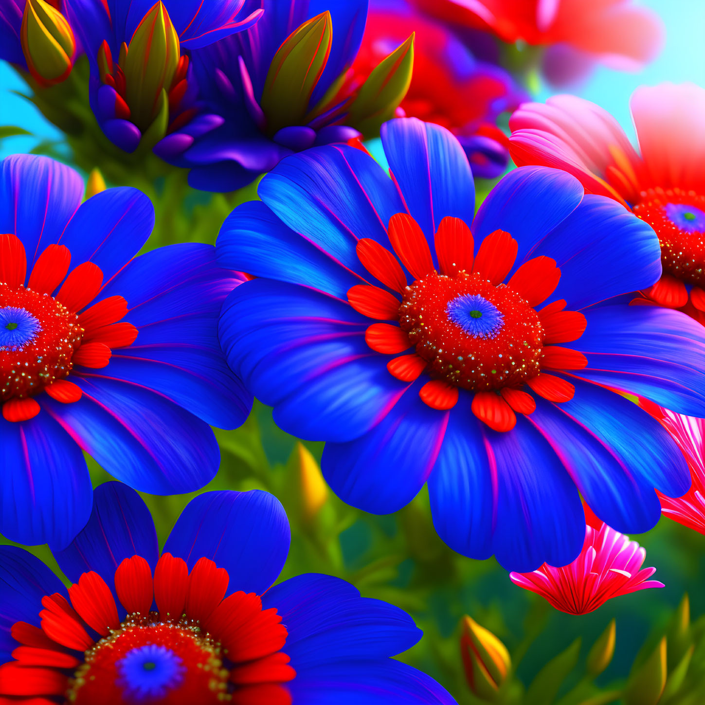 Colorful Blue and Pink Flowers with Red Centers on Green Foliage Background