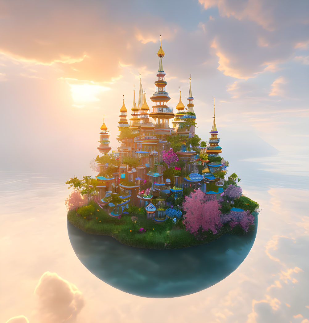 Fantastical floating island with ornate buildings and cherry blossoms under serene sunset sky