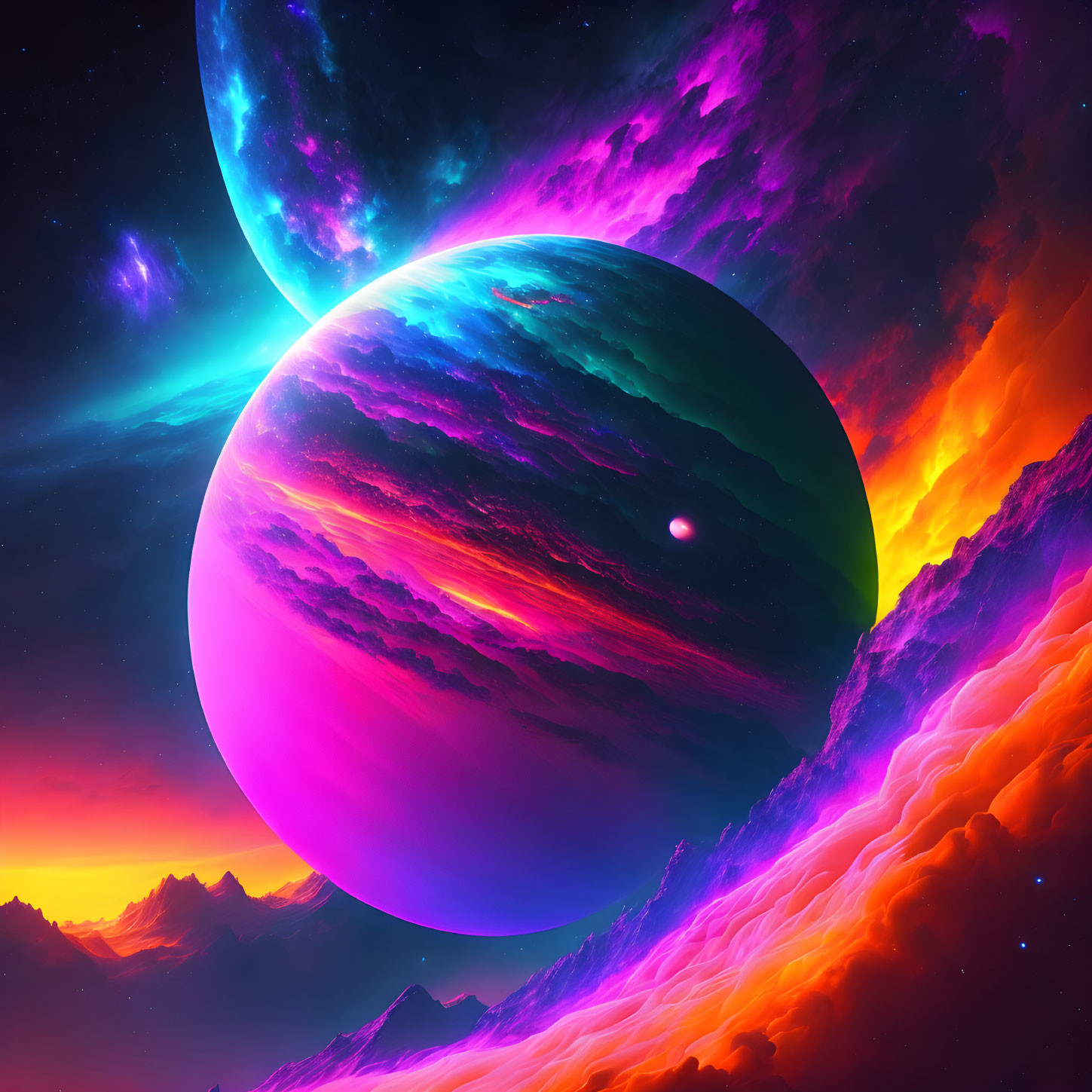 Colorful sci-fi landscape with colossal planets, nebula, fiery mountains, and star-filled sky