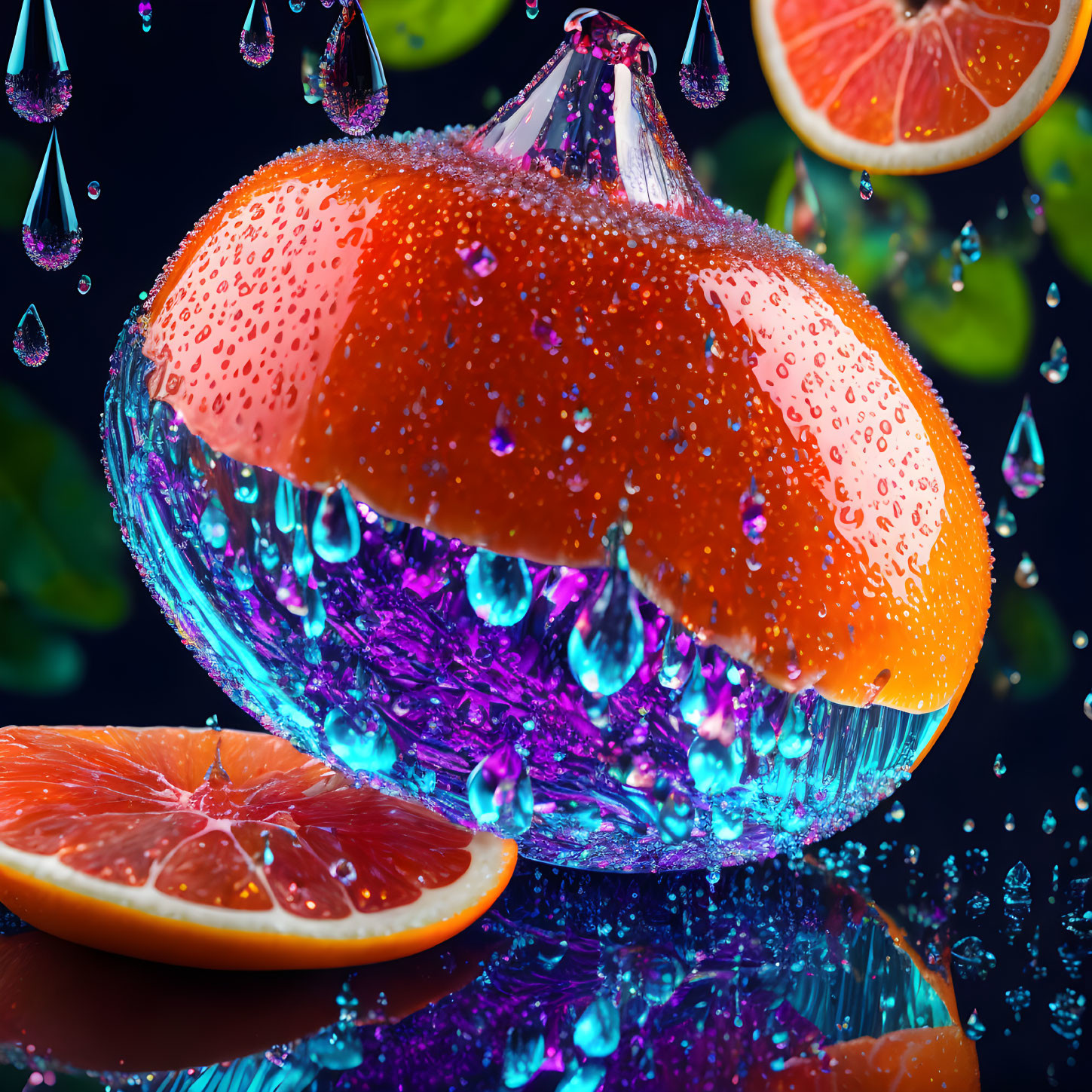 Colorful digitally-enhanced image of juicy orange fruit half with water droplets on purple bubble stand