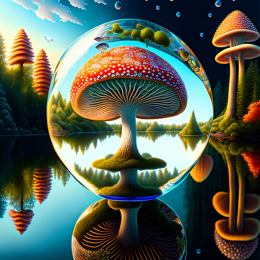 Colorful digital artwork of bubble reflecting fantastical forest with oversized mushrooms, trees, and birds at twilight