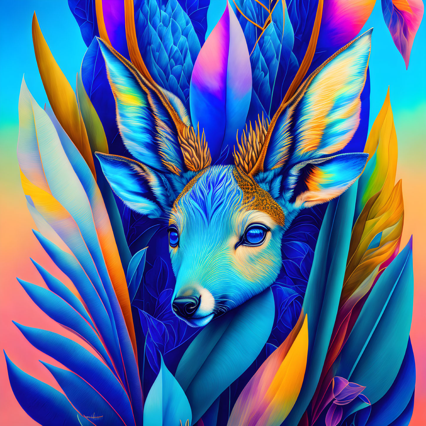 Colorful Deer Artwork with Feathery Foliage on Gradient Background