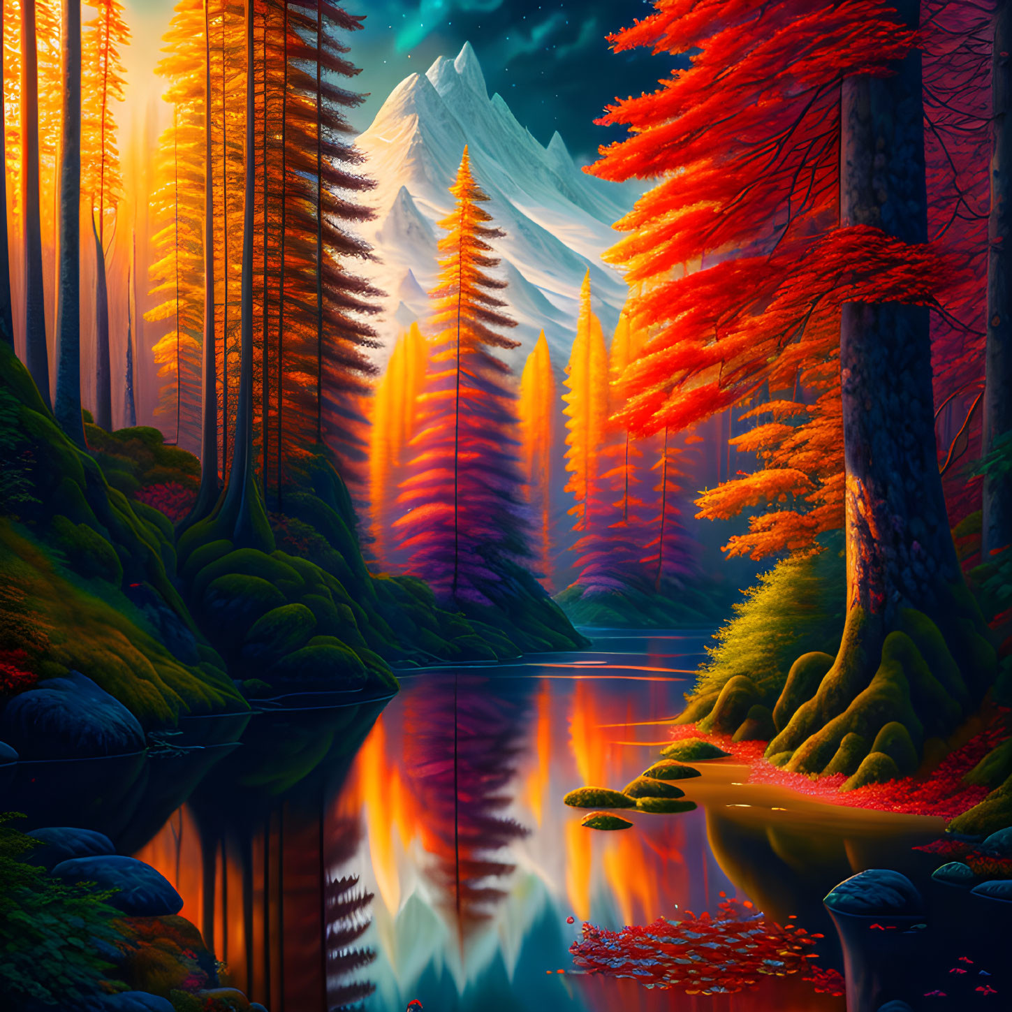 Majestic autumn forest with red and orange foliage, river reflection, snow-capped mountain