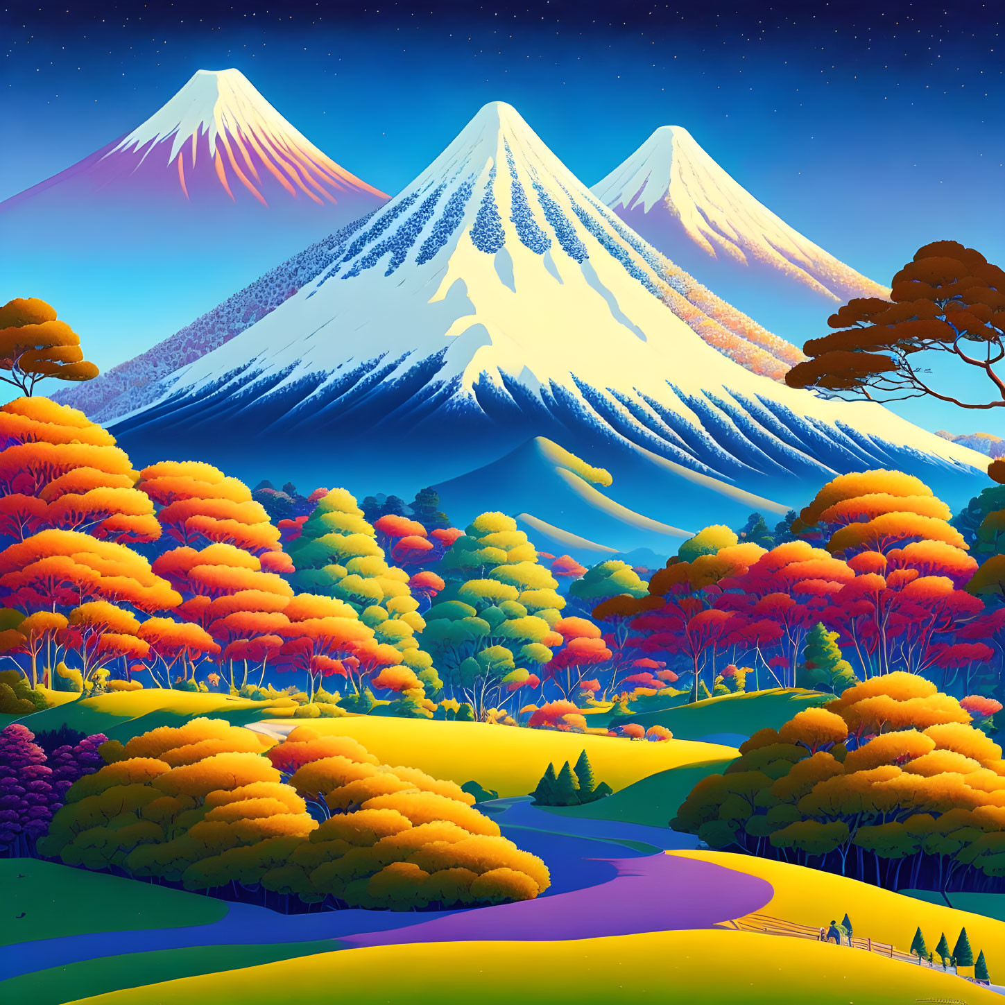 Colorful Autumn Landscape with Snow-Capped Mountains & Starry Sky