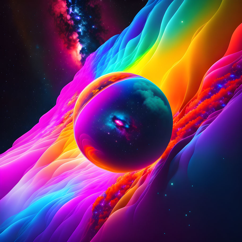 Colorful digital artwork featuring glossy sphere reflecting galaxy on wavy background