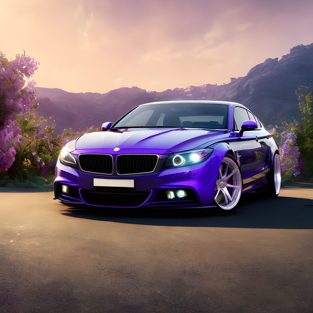 Purple BMW with custom rims parked near mountains at sunset and purple flowers