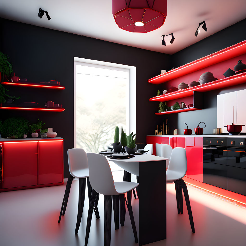 Contemporary Kitchen with Red and Black Decor and White Dining Chairs