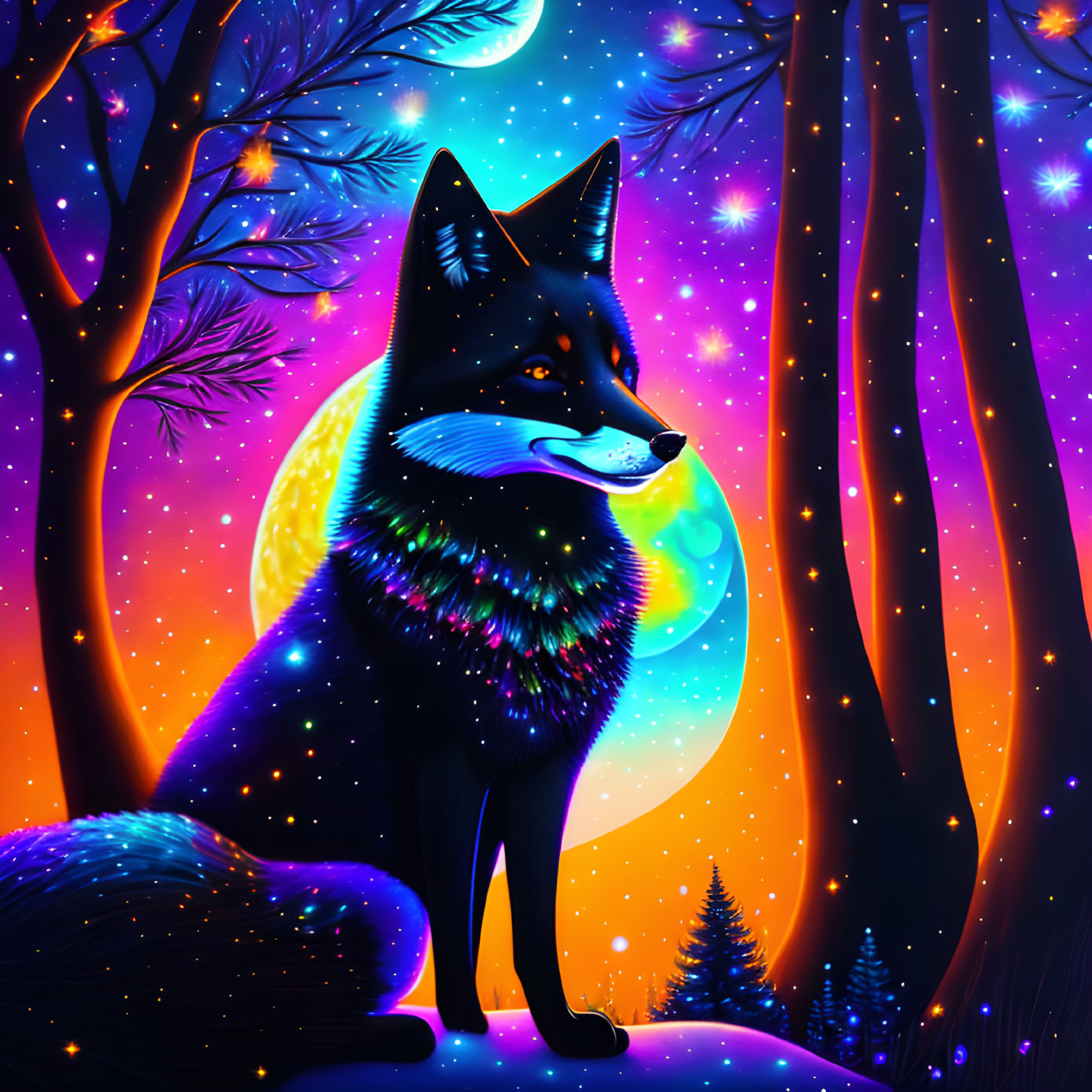 Digital art of cosmic fox in luminescent forest under starry sky