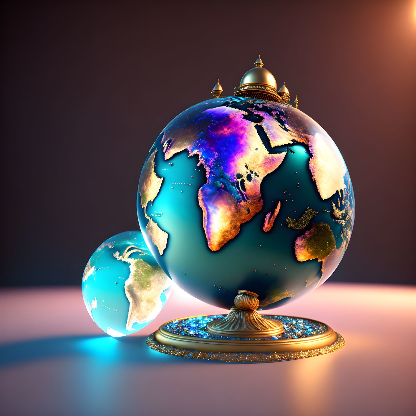 Luminous globe on ornate stand with smaller globe on violet backdrop