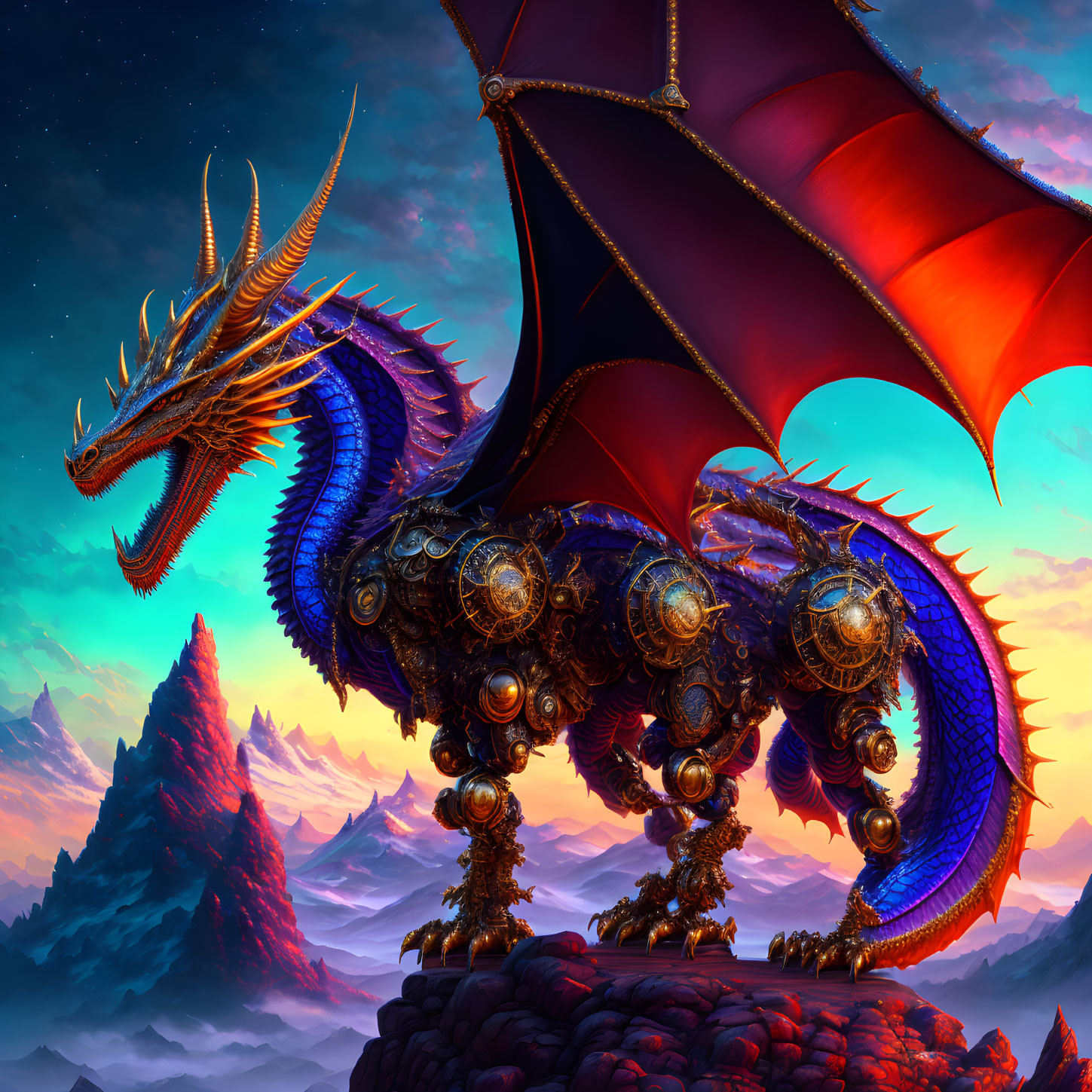 Mechanical dragon with golden gears and blue scales on rocky outcrop at sunset