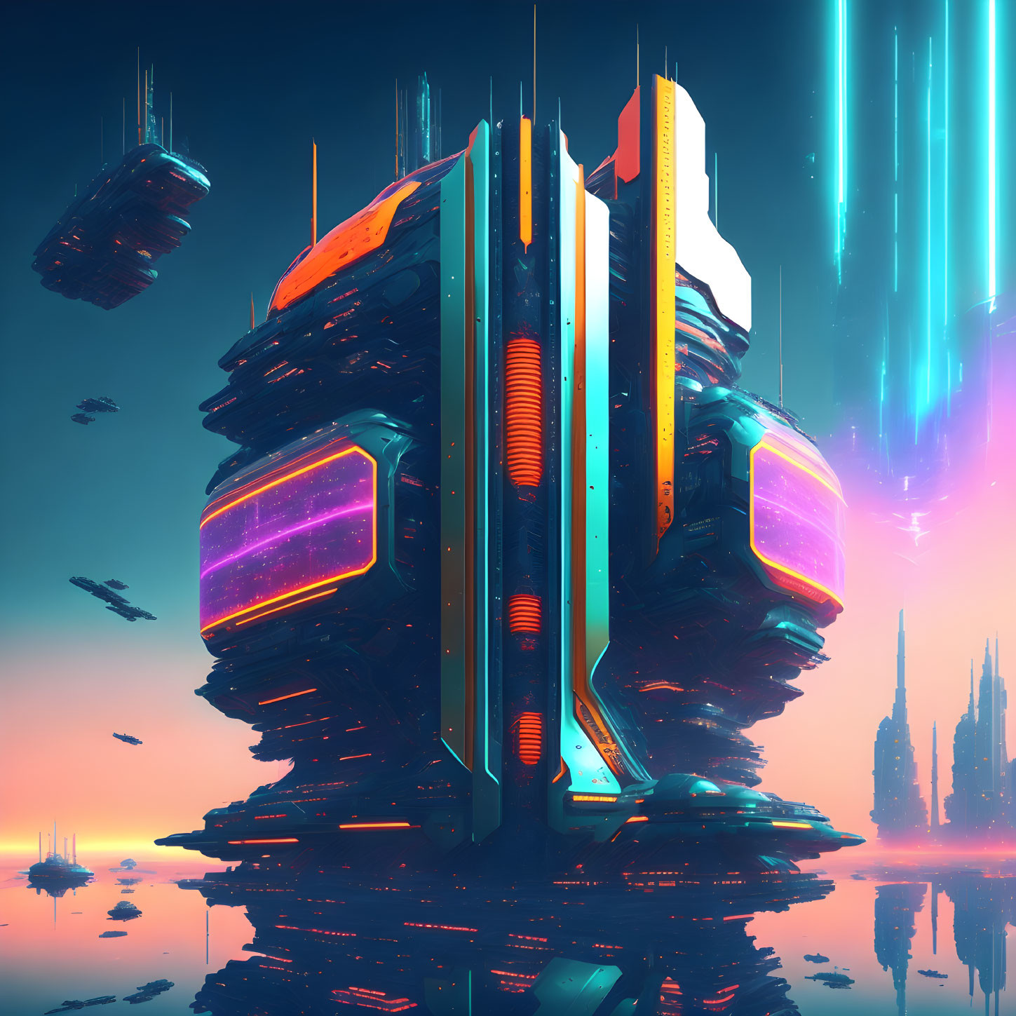 Futuristic cityscape with towering structure and flying vehicles at dawn or dusk