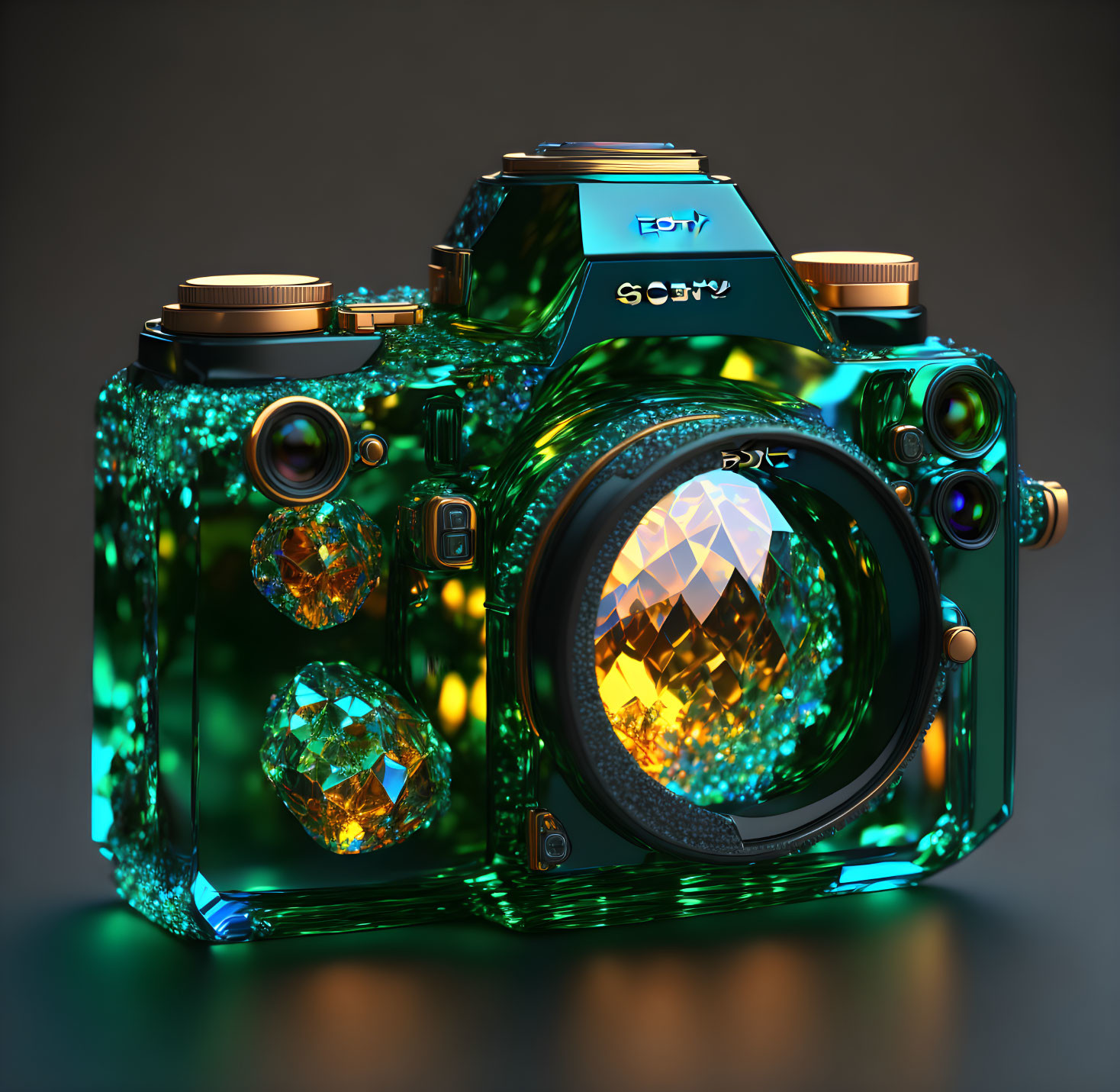 Crystal-Encased Camera with Vibrant Colors and Golden Details