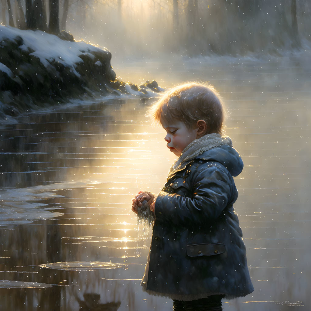 Child in warm coat gazes at reflection near water under snowy, misty sunlight.