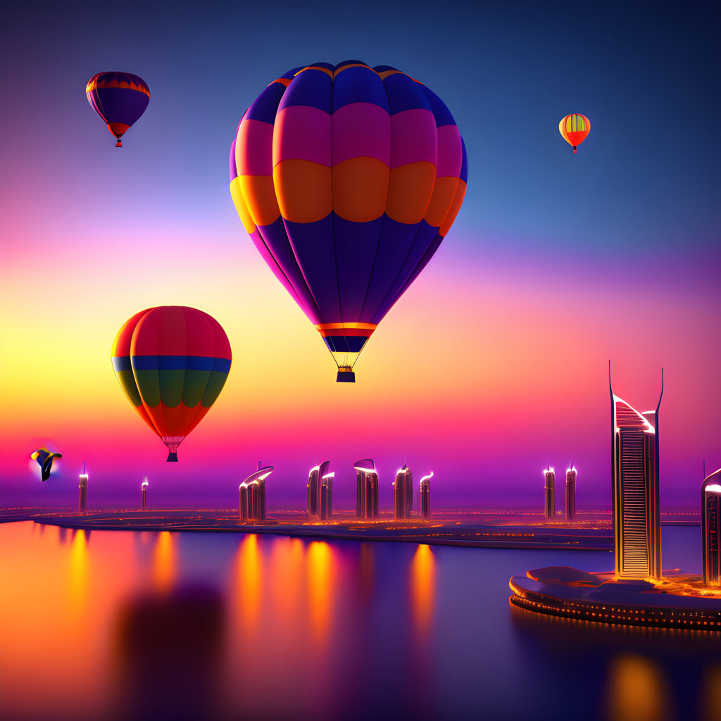 Vibrant hot air balloons over futuristic cityscape at sunrise or sunset