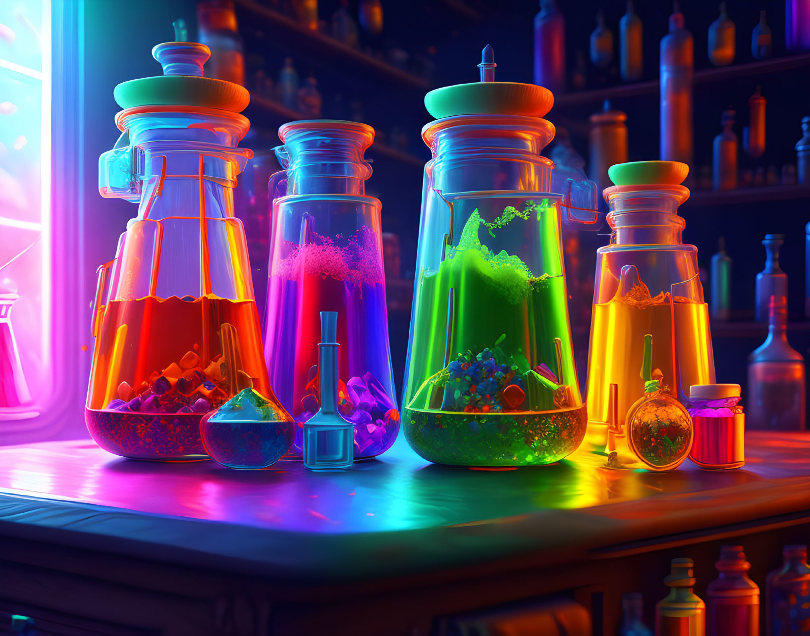 Colorful Neon-Lit Laboratory Scene with Bubbling Potions and Glass Jars