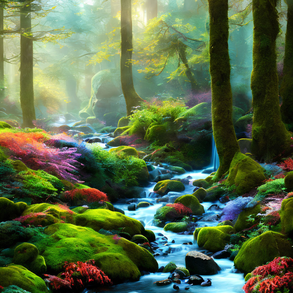 Lush forest scene with mist, mossy stones, stream, foliage, sunlight