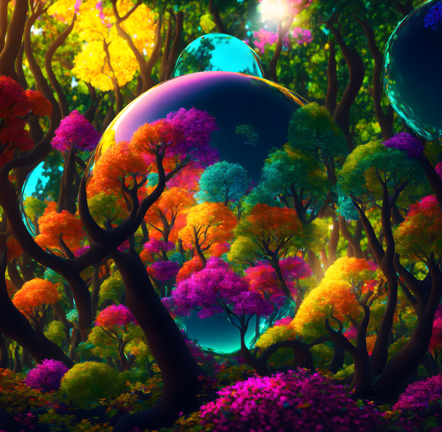 Surreal neon forest with oversized glowing orbs at dusk