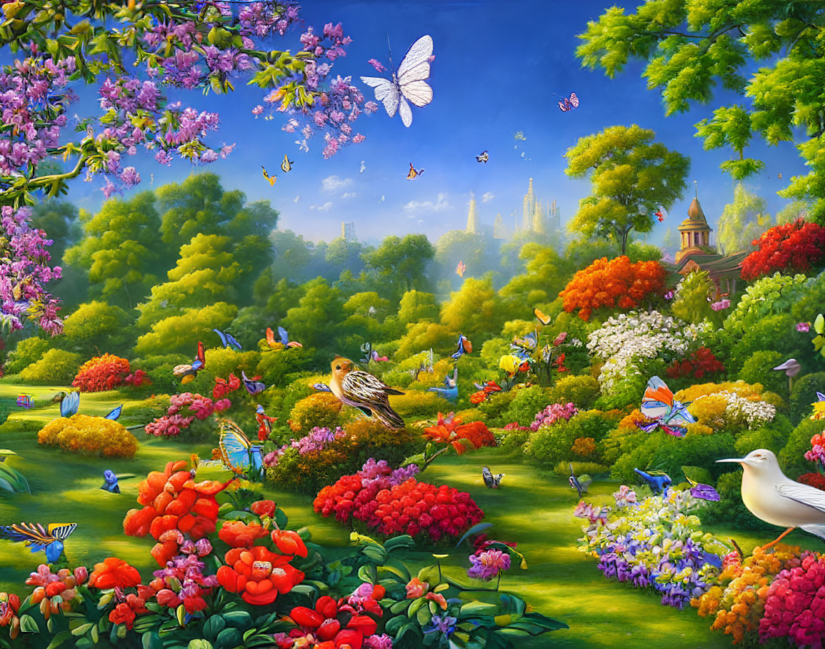 Colorful Flowers, Birds, Butterflies in Vibrant Garden Scene