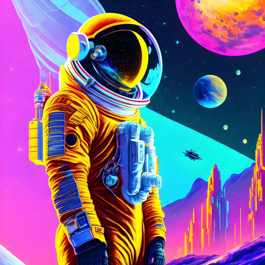 Astronaut in vibrant orange suit on alien planet with colorful skies and spaceship