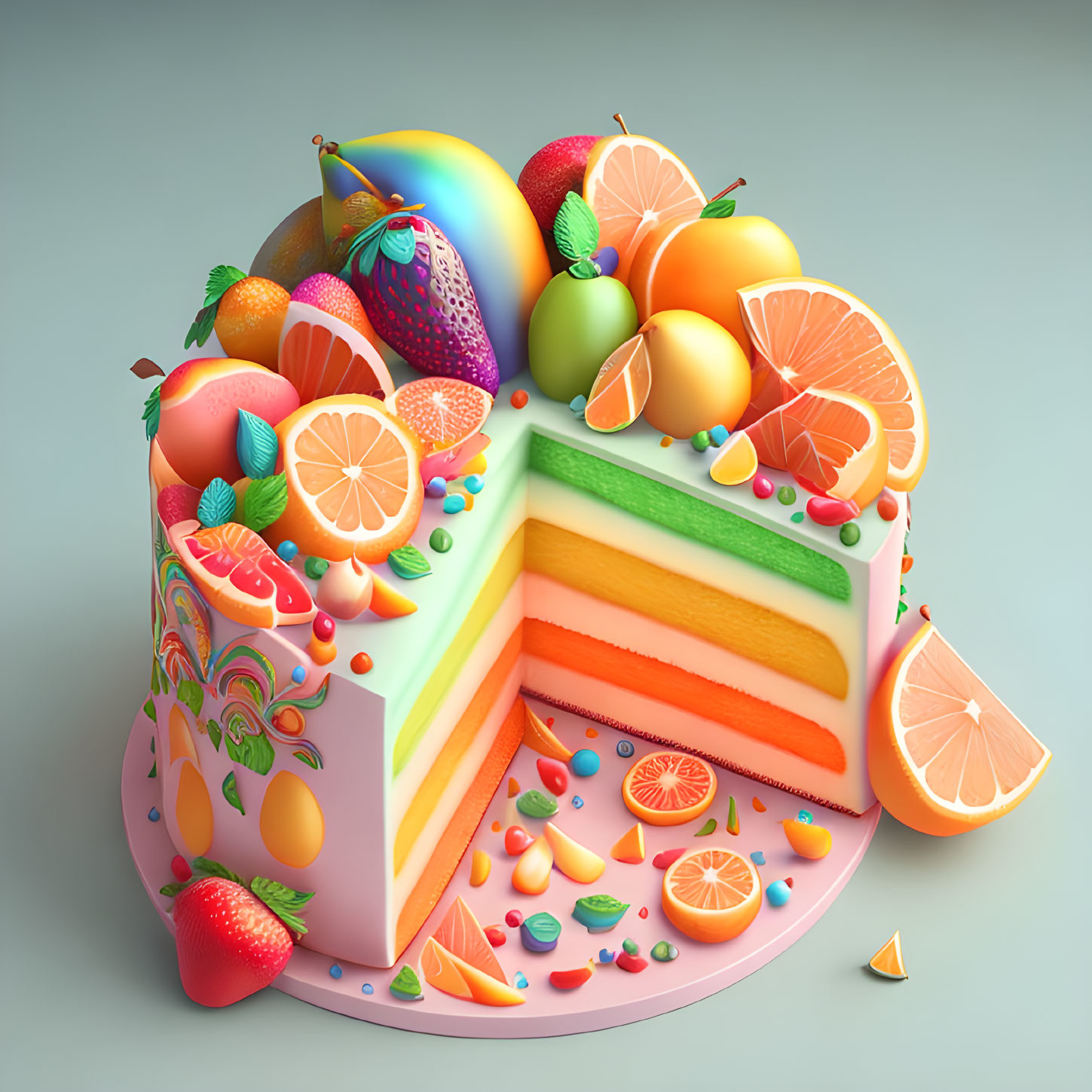 Vibrant multi-layered cake with fresh fruits and rainbow decoration