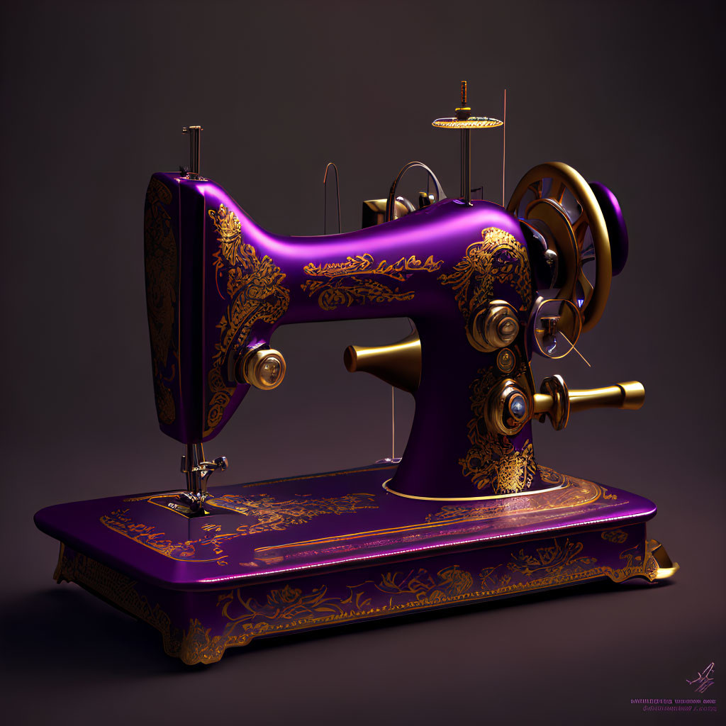 Vintage Purple Sewing Machine with Gold Ornate Patterns