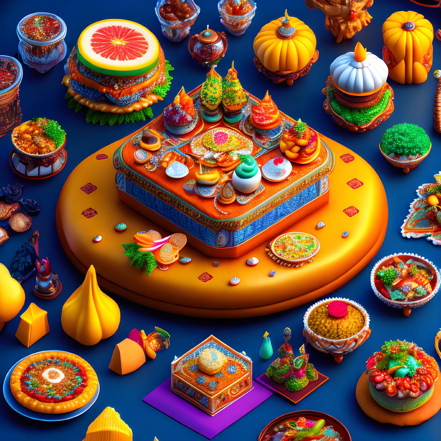 Colorful Festive Foods and Decorations on Textured Orange Background