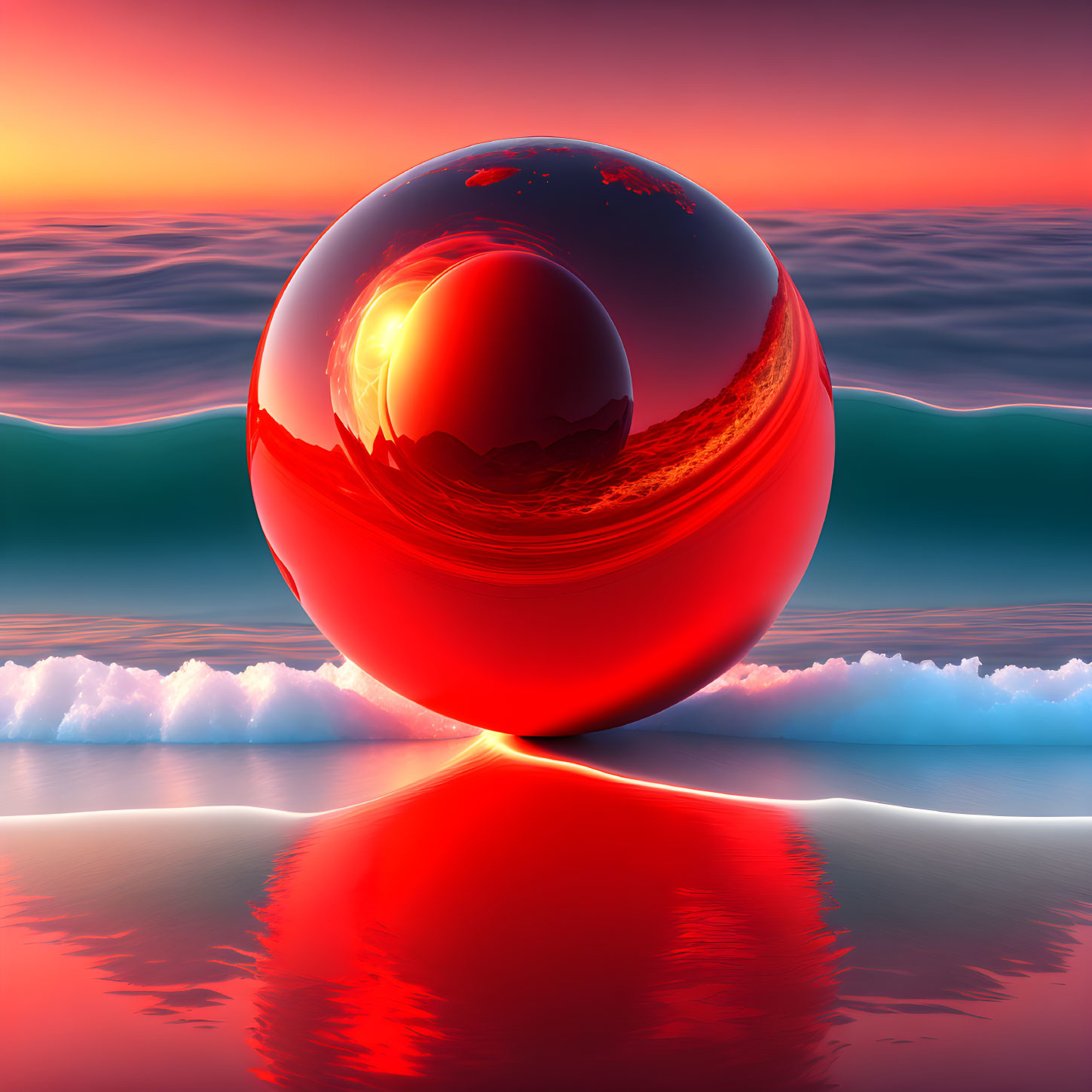 Red Sphere Reflecting Sunset on Beach with Waves and Vibrant Sky