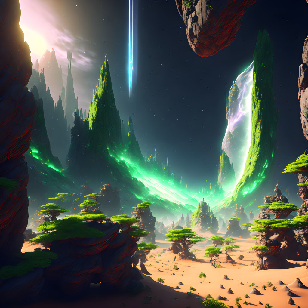 Alien landscape with floating rocks, green lights, desert terrain