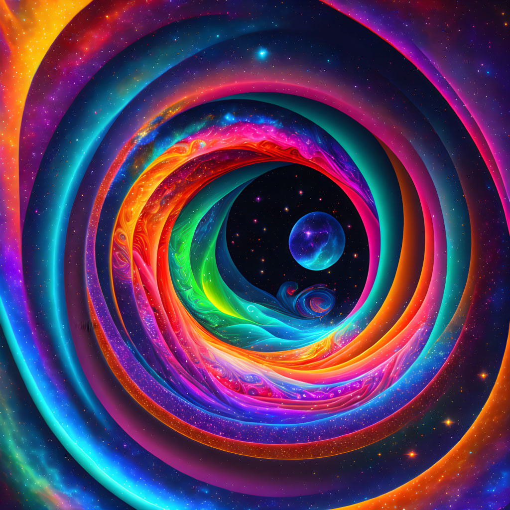 Vibrant Swirling Spiral Galaxy Artwork in Blue, Red, and Yellow