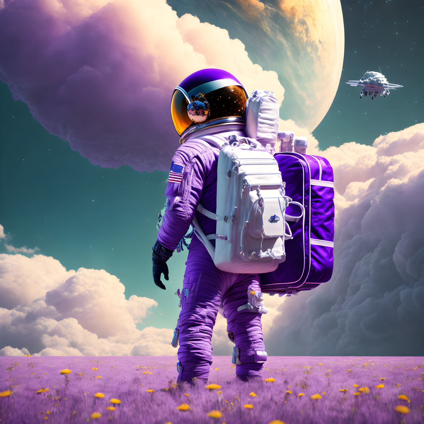 Purple spacesuit astronaut with suitcase on alien planet with flowers, moon, spaceship