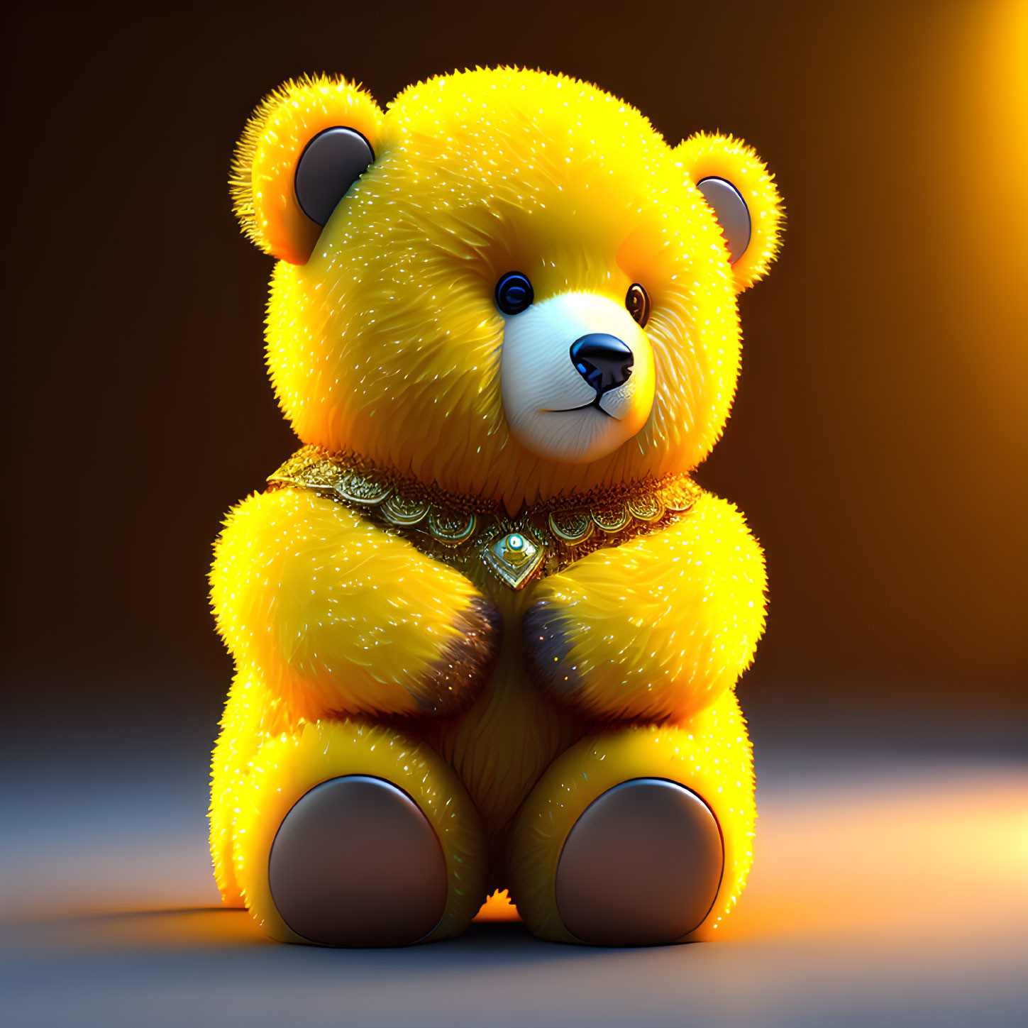 Golden Teddy Bear with Jeweled Necklace on Gradient Background