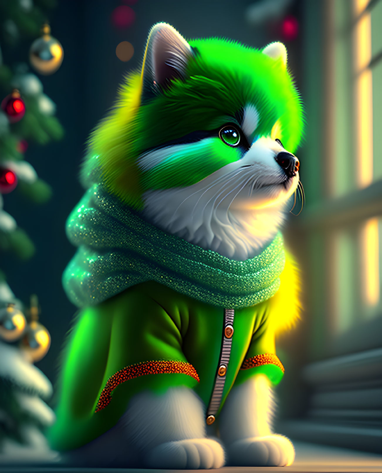 Fluffy Cat in Festive Attire with Christmas Tree Background