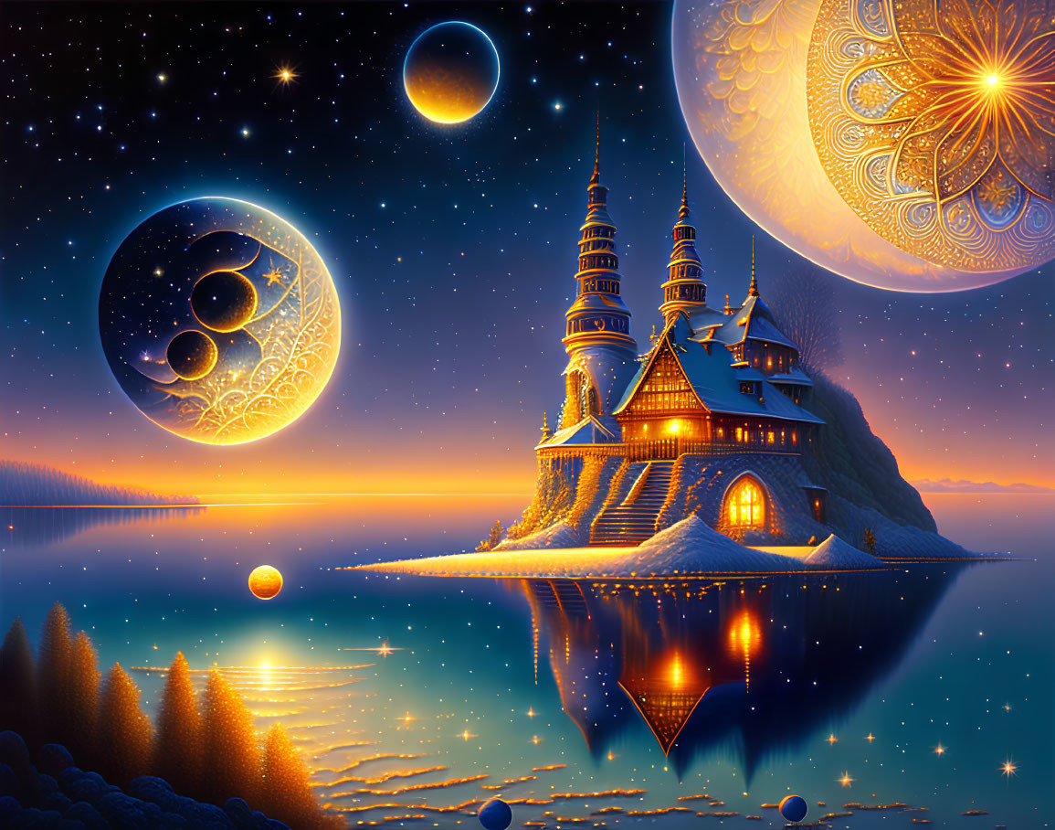 Glowing castle on cliff with celestial bodies in starry night scene