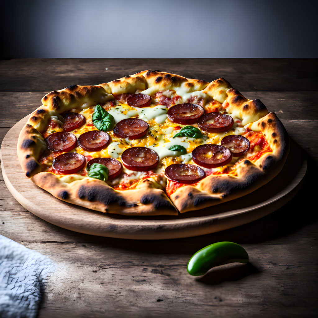 Pepperoni pizza with molten cheese, basil leaves, and green chili on wooden board