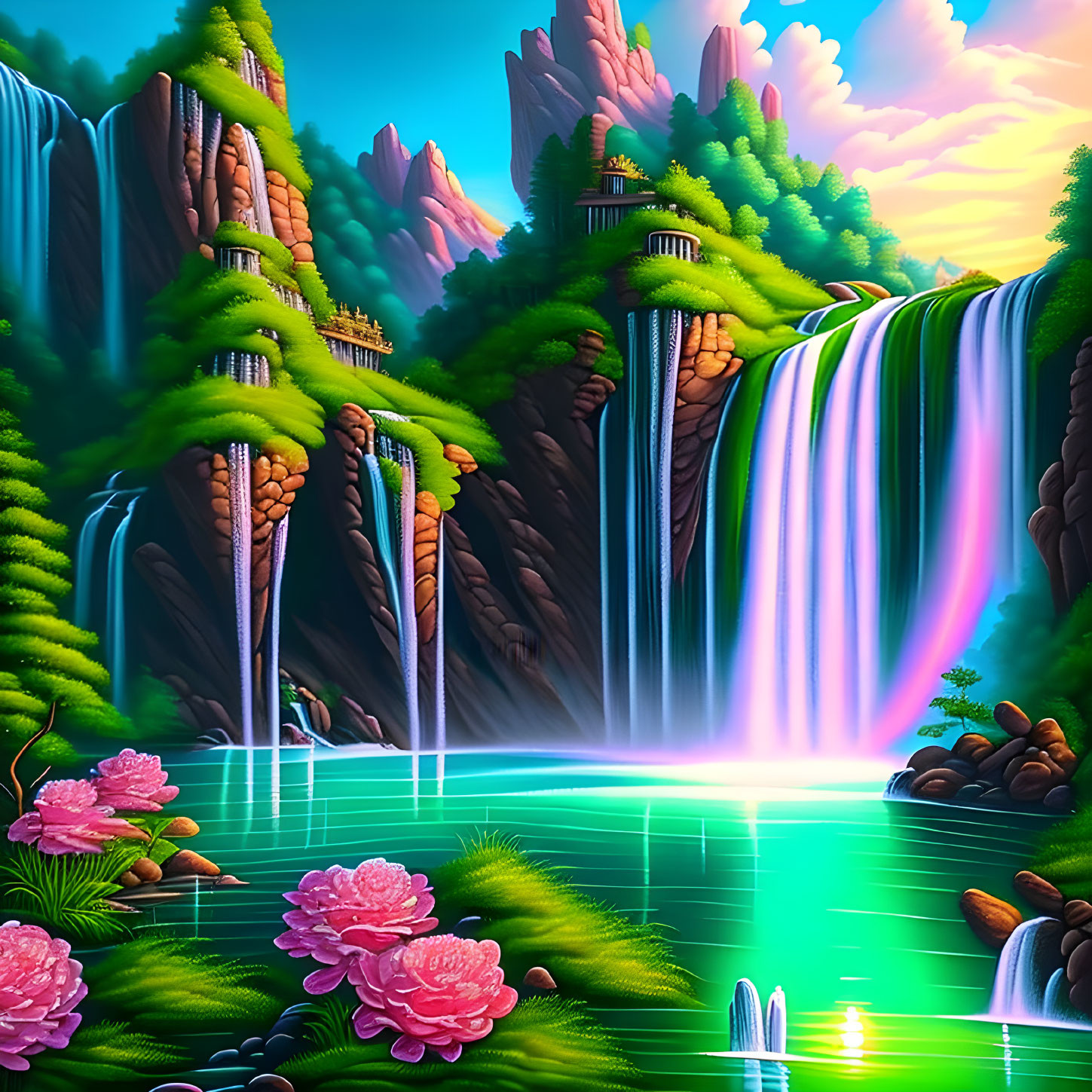 Colorful animated landscape with cliffs, waterfalls, exotic plants, and turquoise lake.