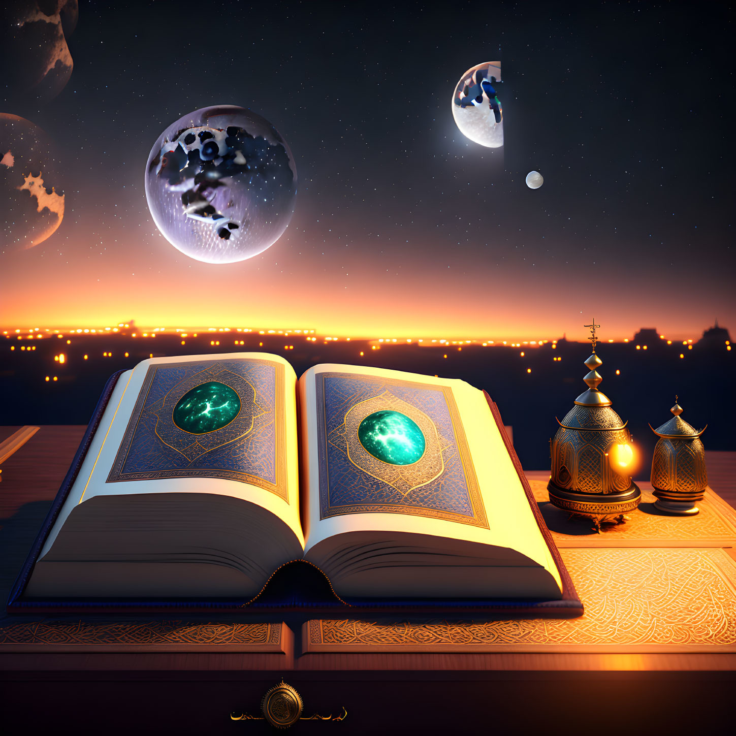 Open book with glowing symbols on table against night sky with multiple moons and city silhouettes