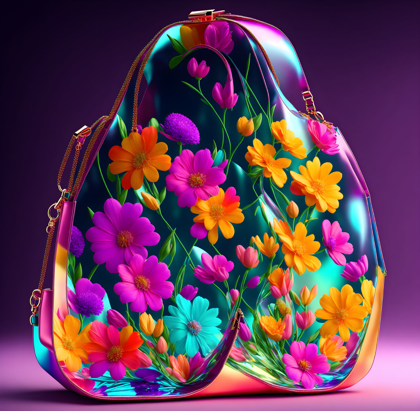 Colorful Floral-Patterned Handbag with Reflective Surfaces and Golden Strap