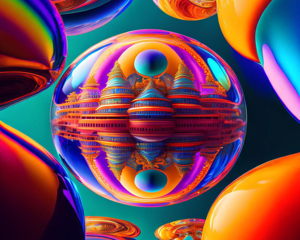 Detailed digital artwork of central glossy sphere with architectural designs, colorful orbs on teal background