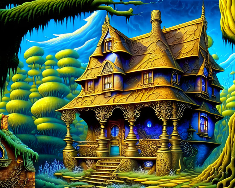 Fantasy artwork of whimsical golden house against surreal blue mountains