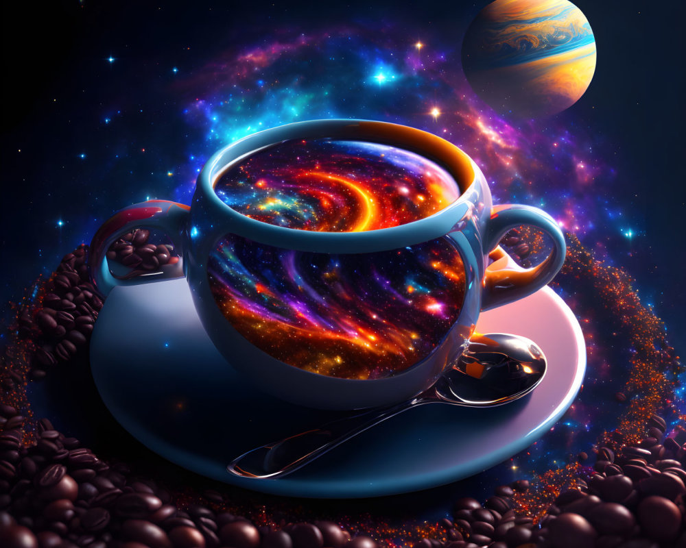 Cosmic-themed digital artwork: Coffee cup with galaxy swirl, starry space backdrop