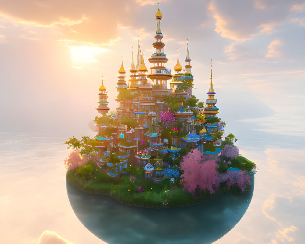 Fantastical floating island with ornate buildings and cherry blossoms under serene sunset sky