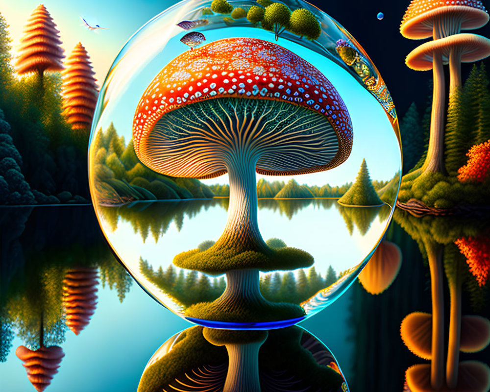 Colorful digital artwork of bubble reflecting fantastical forest with oversized mushrooms, trees, and birds at twilight