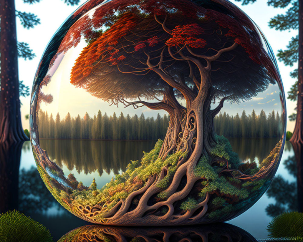 Surreal image: Red tree in transparent sphere with serene forest reflection